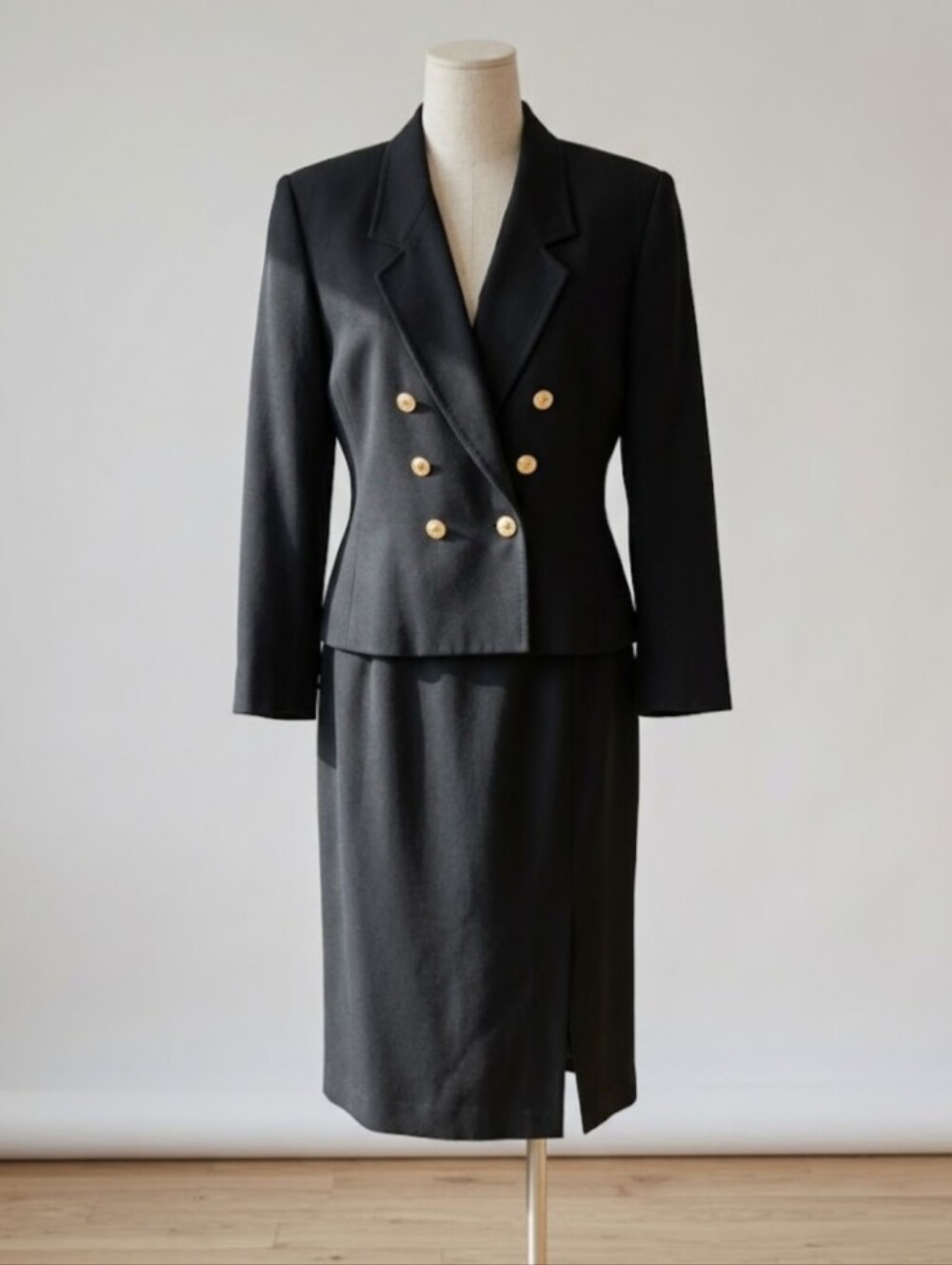 Le Suit Black Gold Button Double Breasted Blazer & Skirt Set Sz 14